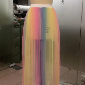 

New Style Women Summer Fashion Sweet Rainbow Mesh Sheer High Waist Floor-length Long Skirt Beach Dress