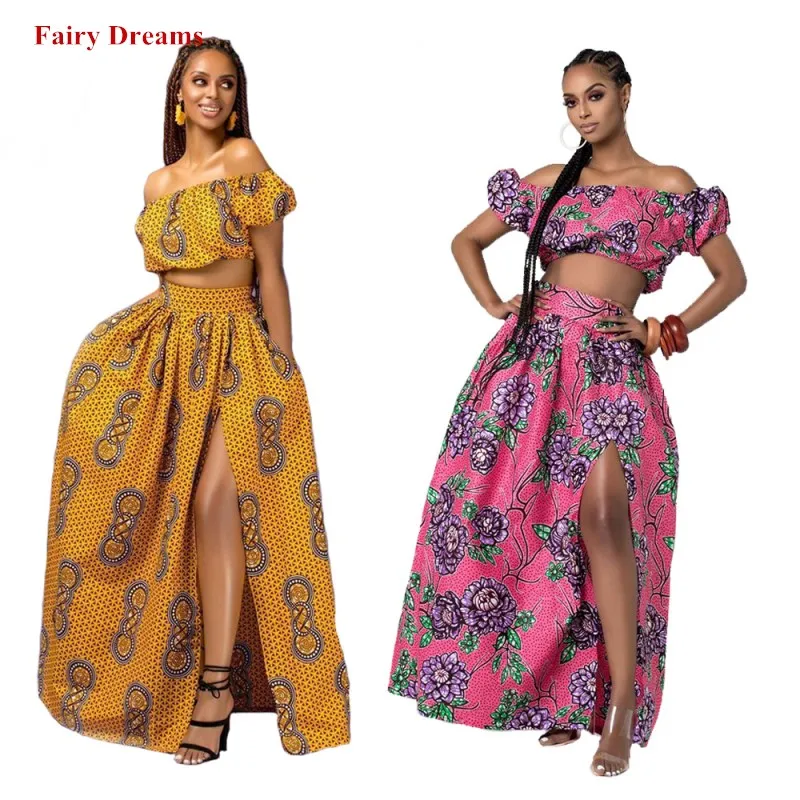 

Two Piece Set Women Traditional African Clothing Tops And Skirt Summer Suits Dashiki Print Sexy Shirt Off Shoulder Long Skirts