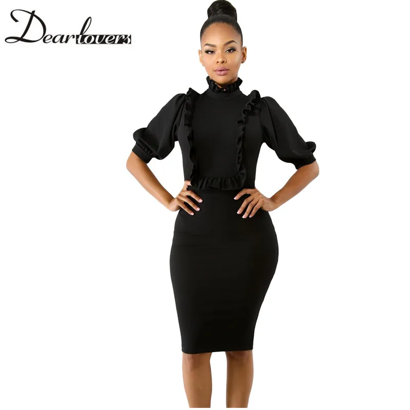 Black-Ruffle-High-Neck-Lantern-Sleeve-Dress-LC610050-2