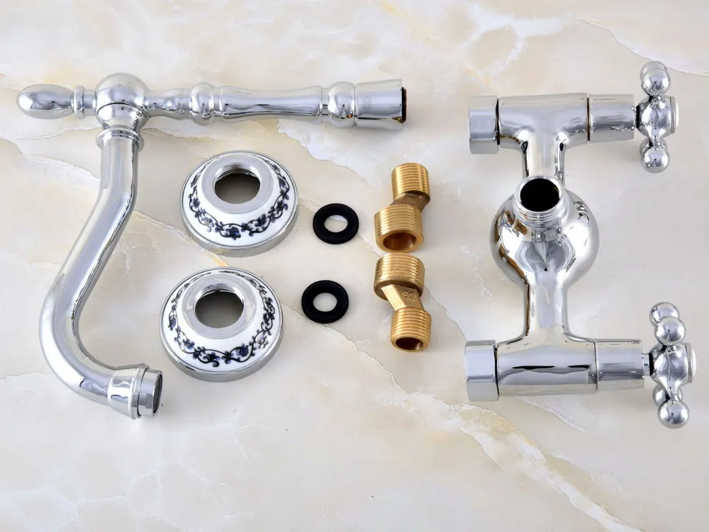 Polished Chrome Brass Ceramic Flower Base Wall Mounted Kitchen Sink Faucet Swivel Spout Mixer Tap Dual Cross Handles anf580