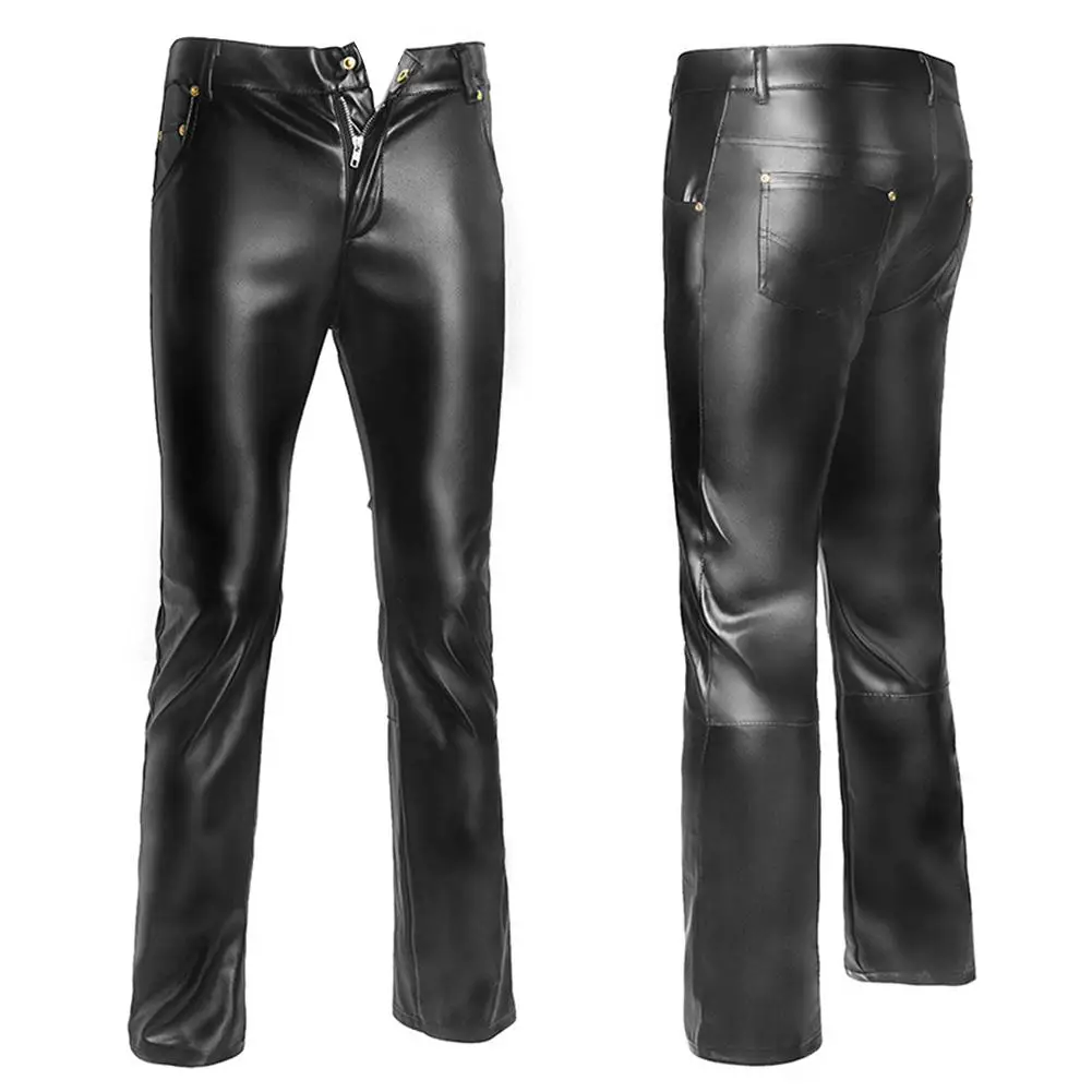 

Wholesale Night Club Motorcycle Biker Men Faux Leather Stretchy Pencil Pants Long Trousers