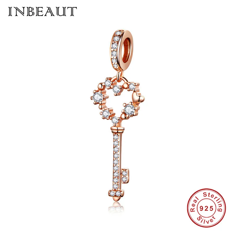 

INBEAUT Trendy Rose Gold Romantic Flower Key Charm 925 Sterling Silver Whtie CZ Stone Floral Hoop Beads fit Pandora Bracelet