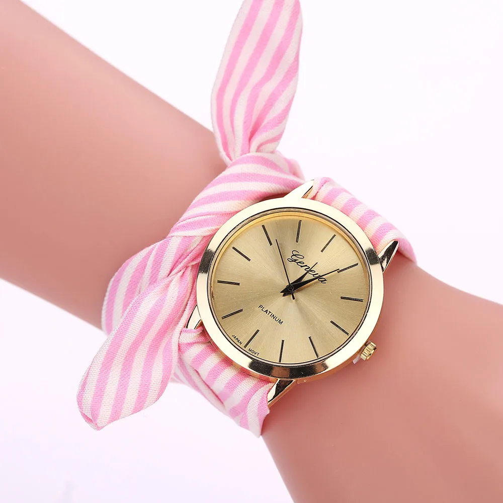 Женские часы, relojes mujer, Летний стиль, модные, женские, в полоску, с цветочным рисунком, ткань, кварцевые, браслет, наручные часы, montre femme Ff