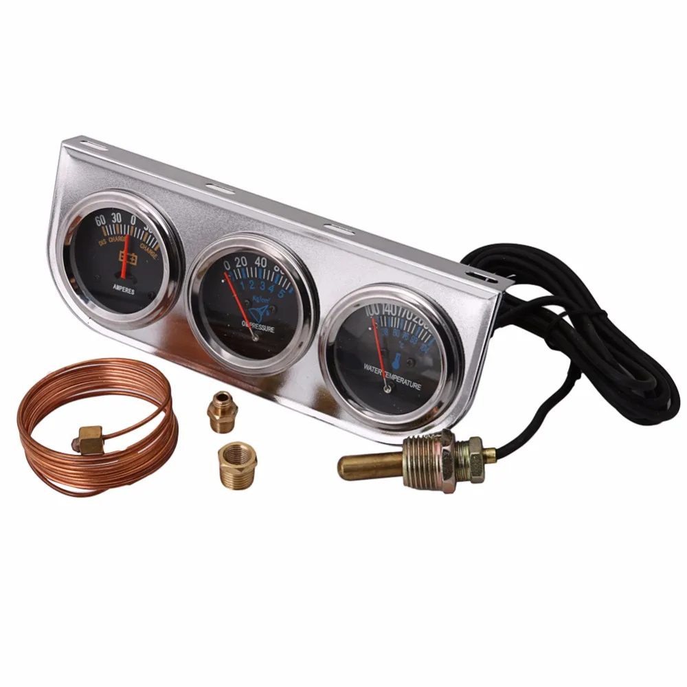 

New Universal Oil Pressure Water Voltage Volt Triple Gauge Chrome Panel 2" New