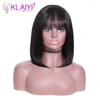 Klaiyi Hair Straight Bob Human Hair Wigs With Bang 8-14 inch Pre Plucked Brazilian Remy Hair 13*4 Lace Front Wig 150% Density 2