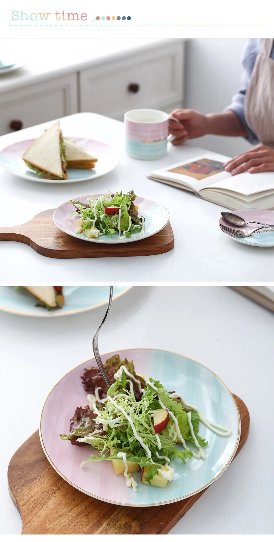 Macaron Candy Pink and Blue Color Ceramic Plate Home Dish Steak Plate  Pasta Plate Cutlery Set Dinnerware Porcelain Dinner Sets 