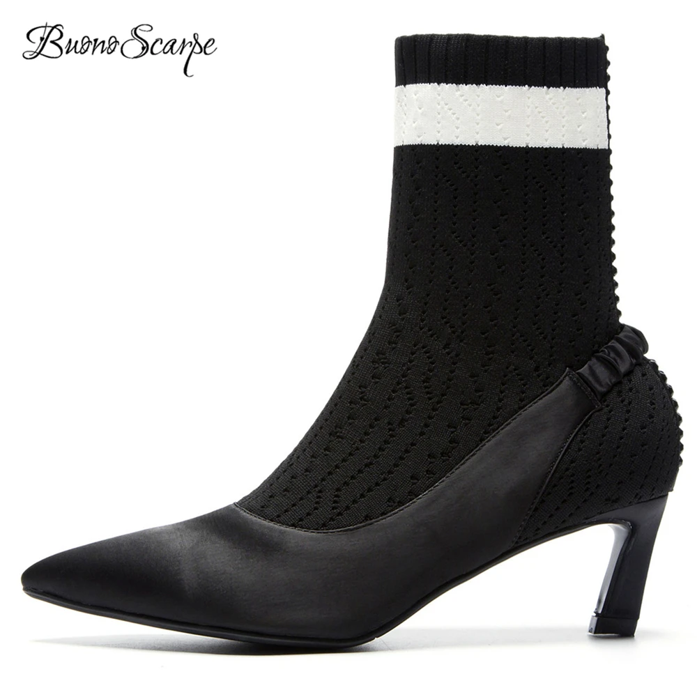 

BuonoScarpe 2018 New Brand Design Slik Suede Ankle Boots High Kitten Heel Short Botas Patchwork Knitting Sock Boots Elastic Boot