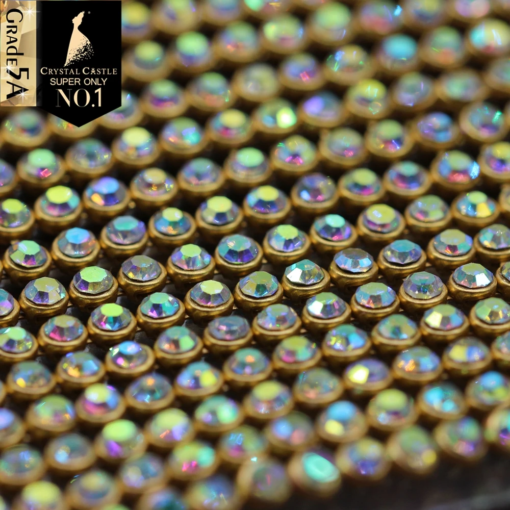 

Crystal Castle Sparkle SS8.5 Hotfix Rhinestone Mesh Crystal AB Gold Metal Base Strass Trim Textile Hot fix Rhinestones Sheet