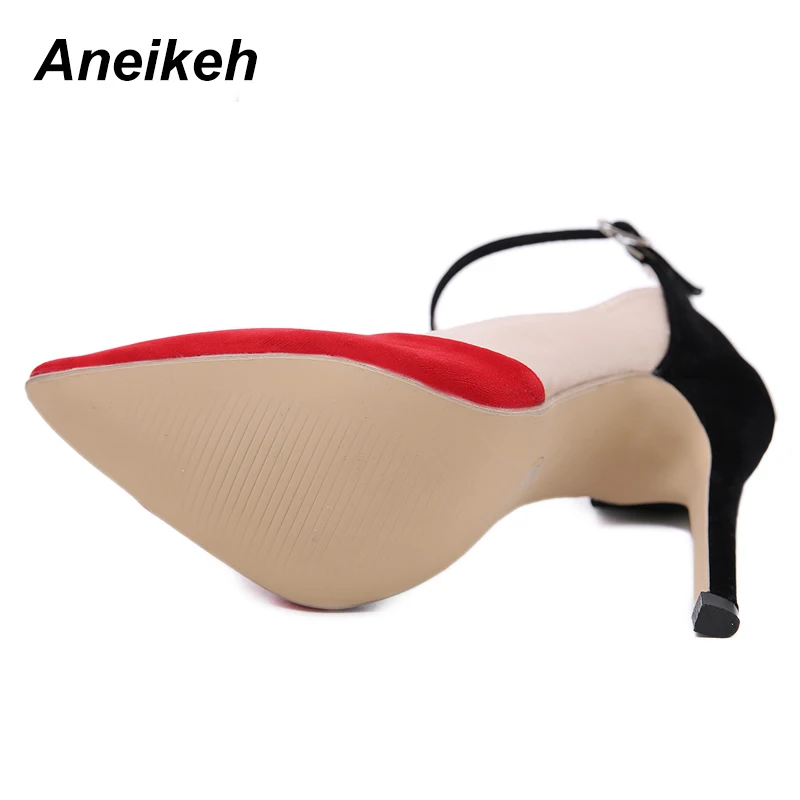 Aneikeh 2019 Fashion Women's Shoes Faux Suede Contrast Color Pointed Toe Pumps High Heels Stiletto Heels Patchwork Wedding Shoes