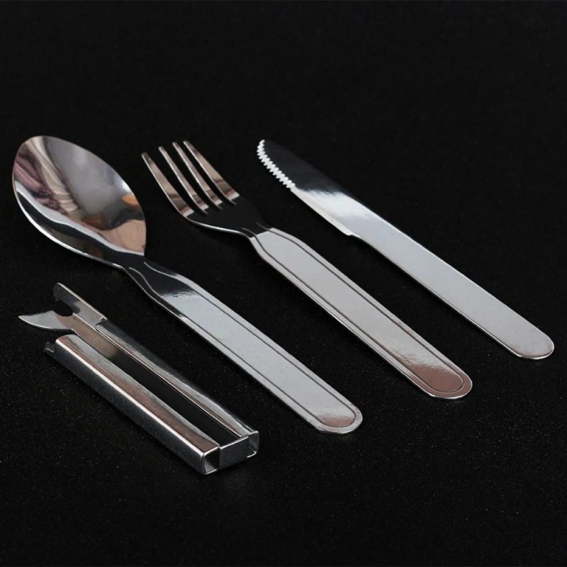 4 unids/set juego portátil al aire libre Camping cubiertos de acero inoxidable cuatro conjuntos de multifunción cuchillo comida cuchara utensilios de cocina