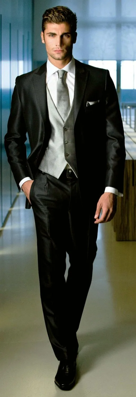 Shiny Black Wedding Suits For Men Custom Made Glossy Black
