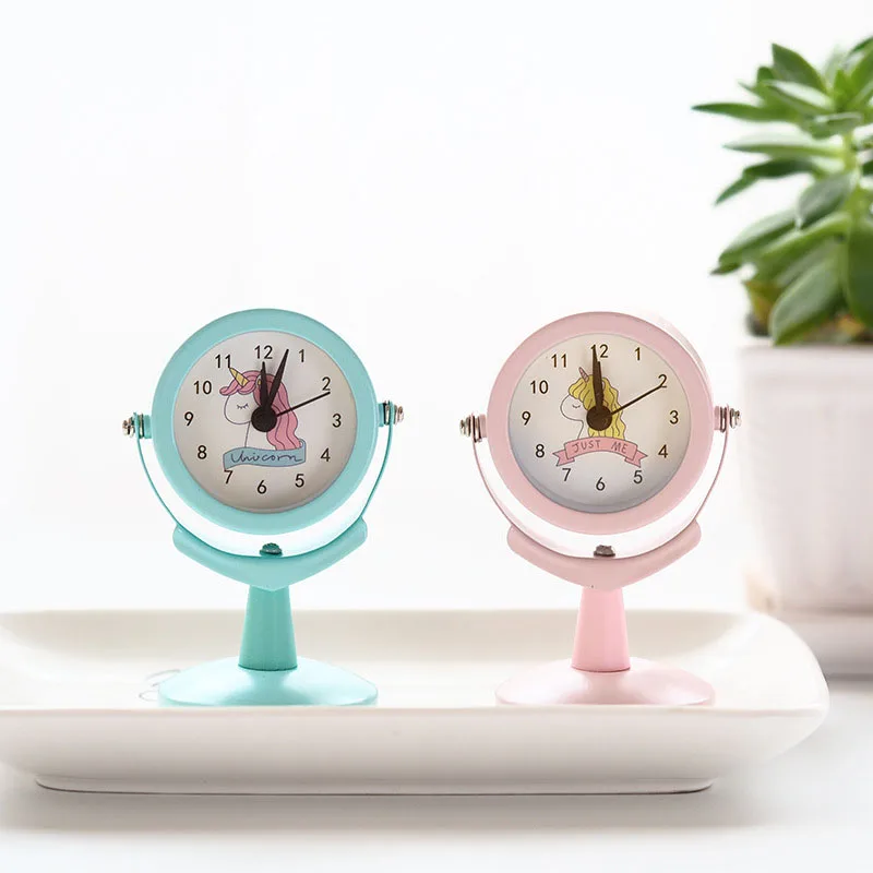 Creative Cute Girls Baby Unicorn Mini Retro Alarm Clock Pink Green Metal Shell Table Clock Student Portable Desk Decor Clock