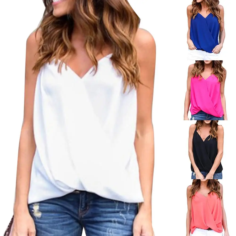 

New Women Summer Solid Color Vest V Neck Sleeveless Double Layer Tank Top Blouse