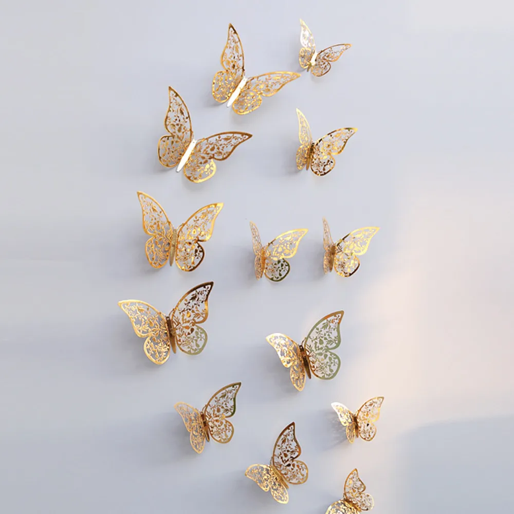 12 Pcs/Set 3D Wall Stickers Butterfly Hollow Paper 3Sizes Silver Gold For Fridge Stickers Home Party Wedding Decor