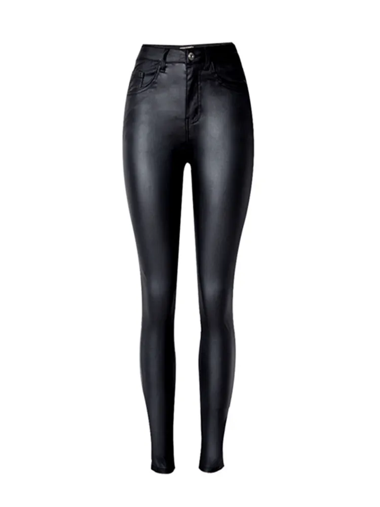 Осенние женские кожаные брюки, женские зимние штаны с высокой талией, кожаные брюки, женские обтягивающие Стрейчевые брюки-карандаш из искусственной кожи - Цвет: Черный