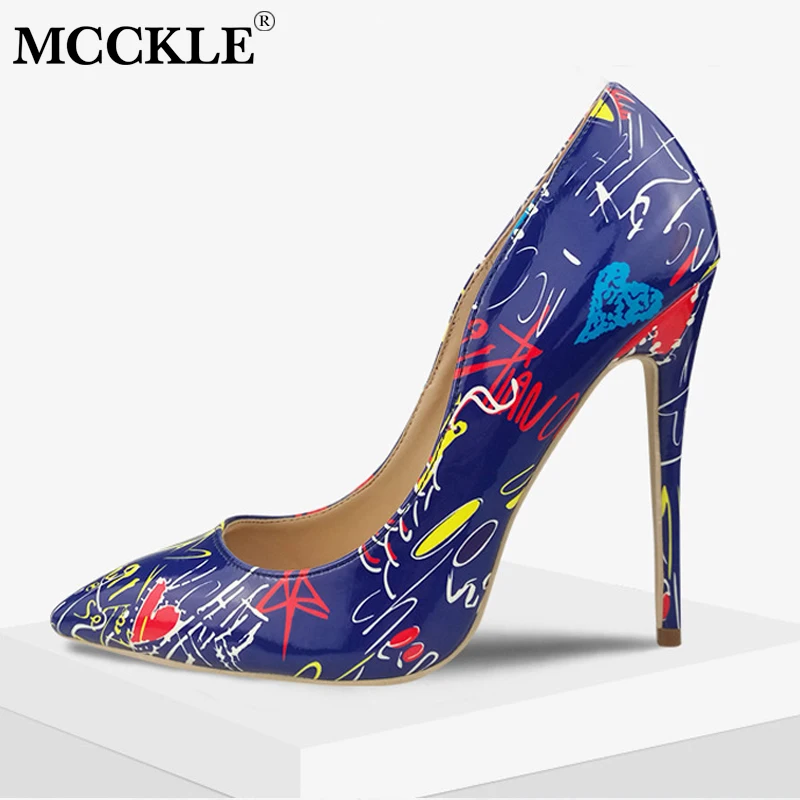 

MCCKLE Women Sexy Stiletto Pumps Plus Size Thin High Heel Female Shallow Slip On Pointed Toe Patent Leather Party Shoes Fashion