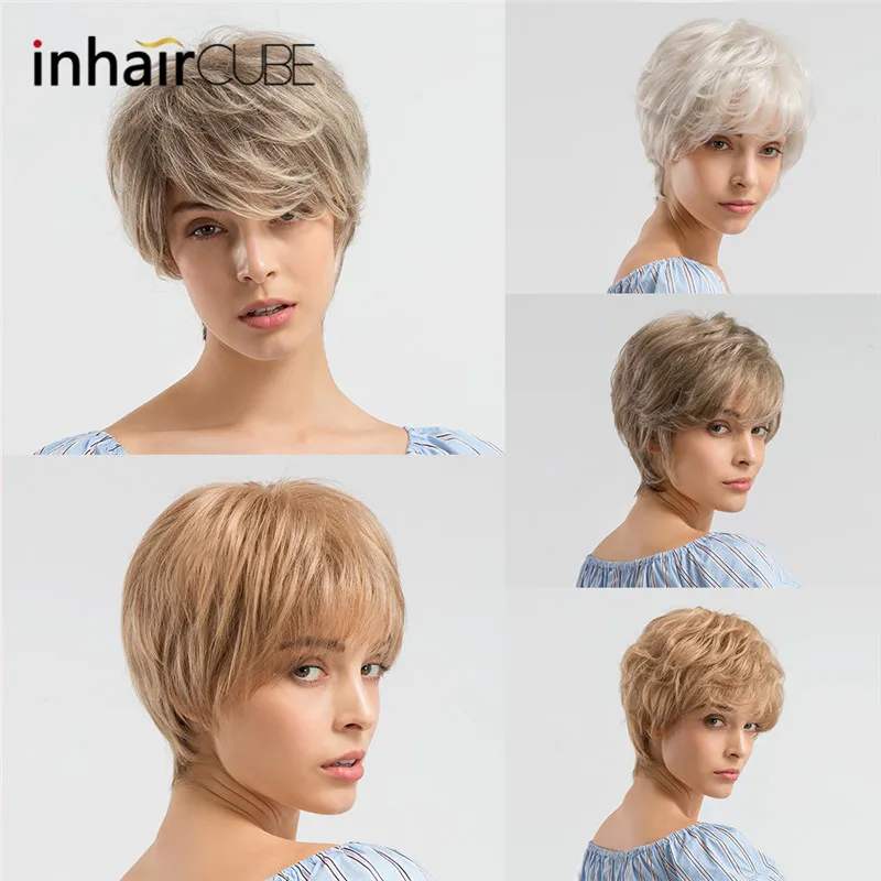 INHAIR cube синтетические парики из натуральных волн короткие парики для женщин пушистый Омбре парик из человеческих волос дышащий парик