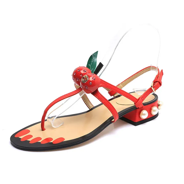 2017 Summer New Women Cherry Cherries Crystals Med Square Heels Buckle ...