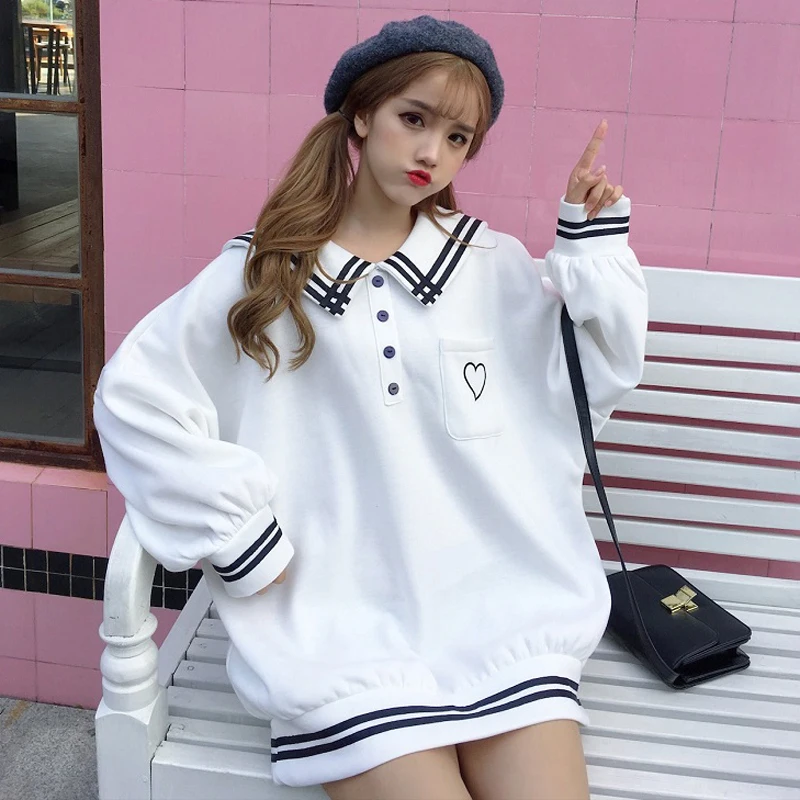 

Sweet Sweatshirt Women Autumn Love Embroidery Long Sleeve Sailor Collar Loose Pullover 2019 New Cute Stuff Casual Hooded Female