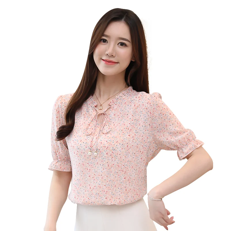 

Women Spring Summer Style Chiffon Blouses Shirts Lady Floral Printed Short Sleeve Bow Tie Decor Blusas Tops DF2656