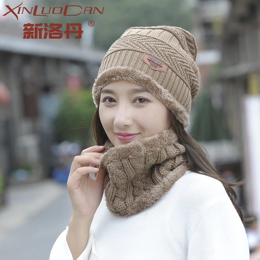 

New Fashion Women Warm Winter Set Of Ladies Caps With Scarf Neckerchief Top Quality Wool Balaclava Knitted Hat Scarf Winter Hats