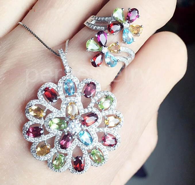 

Gemstone jewelry set Natural tourmaline,citrine,blue topaz,garnet,peridot 925 sterling silver 0.3ct*10pc, 0.2ct*8pc gems #X8106