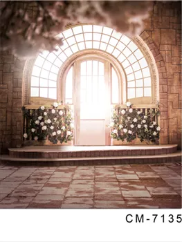 

Indoor Wedding Photography Backdrop with Lighting Windows Brick Floor Blooming Flowers Background Wedding Custom Fotografia