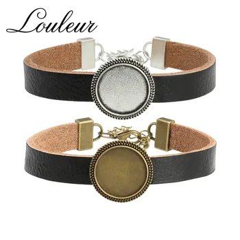 

Louleur Genuine Leather Cuff Bracelet For Men Women Blank Base Fit 18mm Round Glass Cabochon Bracelets Bangles Setting Bezel