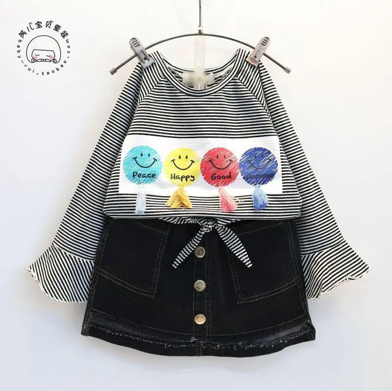 Spring Girls Loose O Neck Flare Long Sleeve Stripe T Shirt Tee Single Breasted Pocket Elastic Waist Black Jeans Skirt Set Baby Spring Girls Loose O Neck Flare Long Sleeve Stripe T Shirt Tee Single Breasted Pocket Elastic Waist Black Jeans Skirt Set Baby