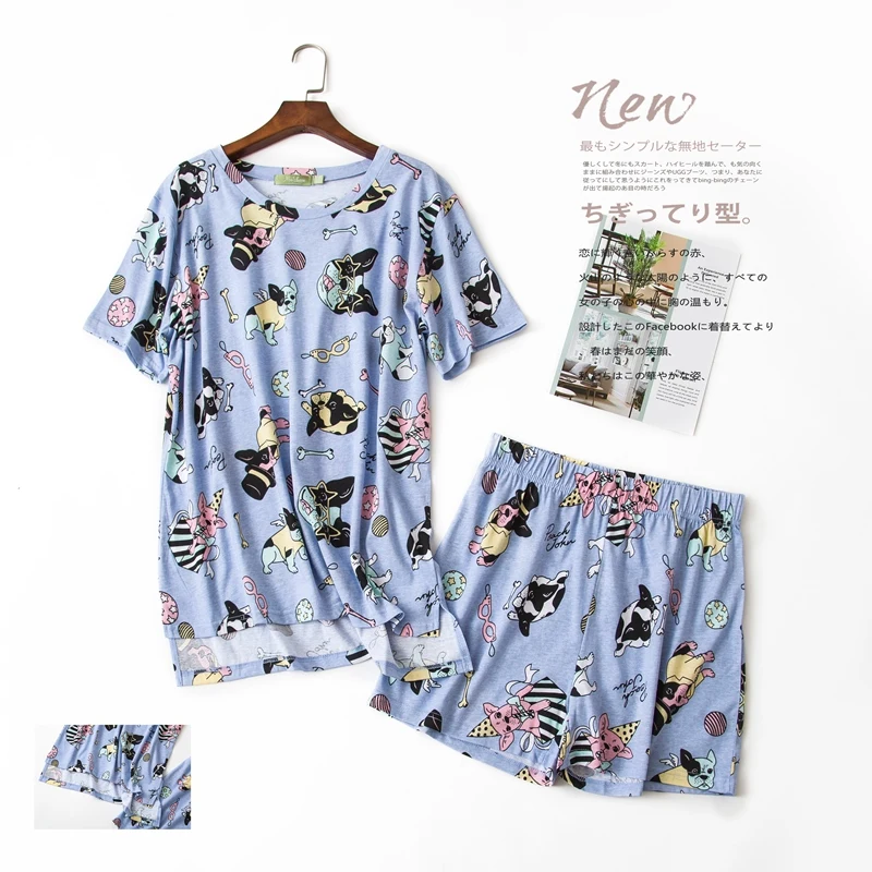 

women's dog pajamas sets cotton summer blue animal Spanish Bulldog print cute pijamas youth college girl sweet shorts nightwears