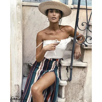 

Summer Style Coffee Blue Stripe Beach Skirt Women Casual Retro Vintage Maxi Long Skirts For Women Holiday Polyester Bottoms Lady