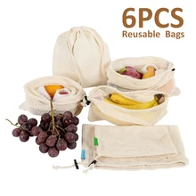 6 шт./компл. многоразовые хлопковые овощные сумки для дома кухня фрукты и овощи хранения сетки сумки с кулиской машинная стирка