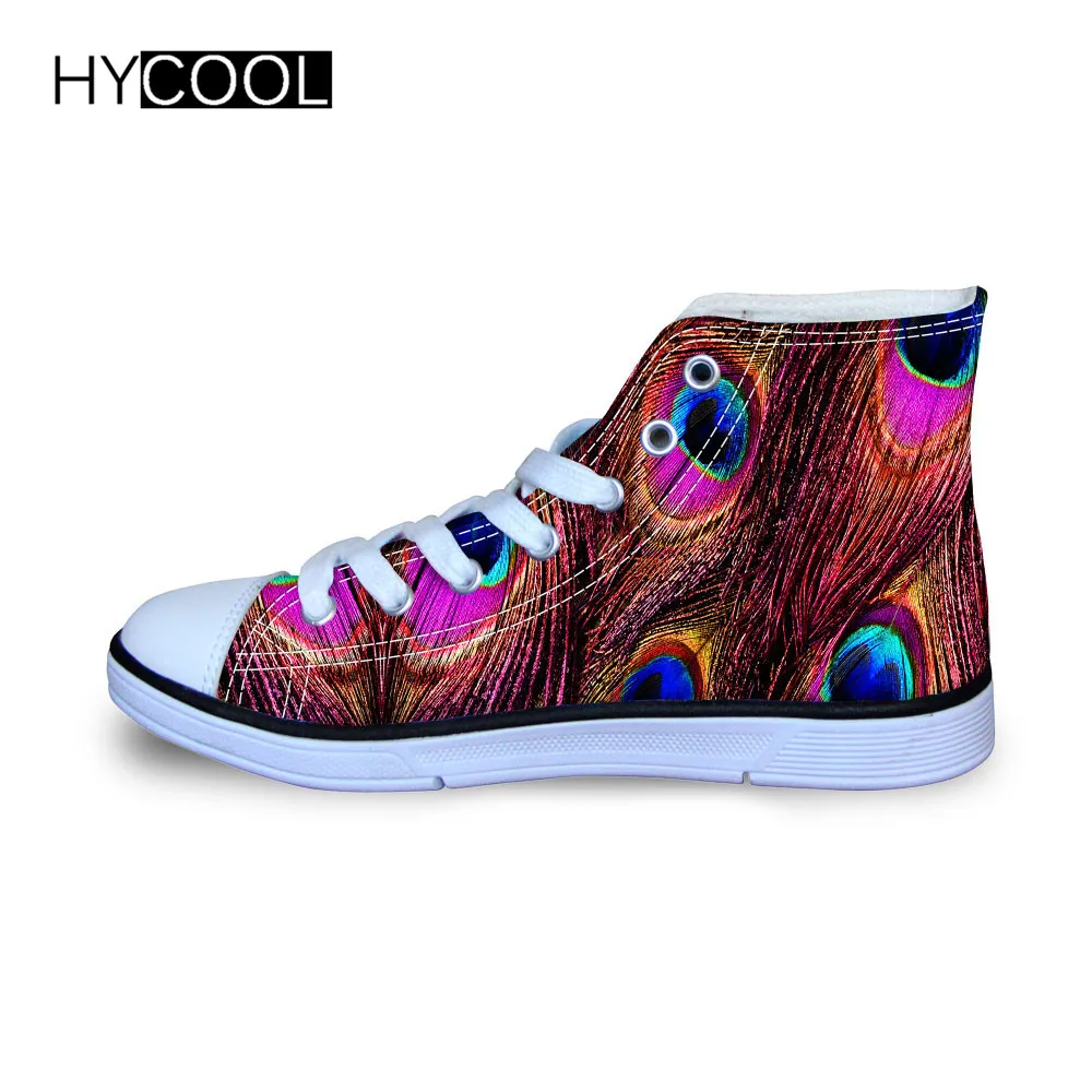 

HYCOOL Girls High Top Canvas Shoes Peacock Feather Printed Kids Sneakers Children Sports Shoes New Breathable Daily Walking Boot