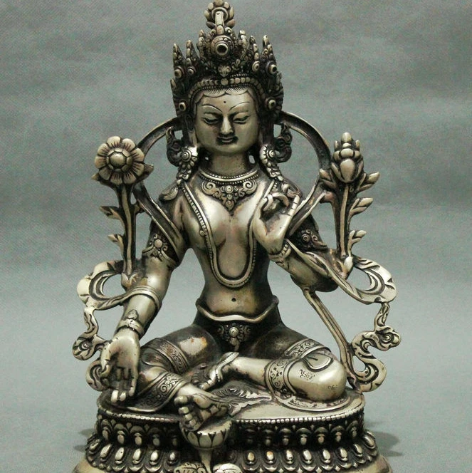 

9" Tibet Mahayana Buddhism Silver Green Tara Enlightenment Goddess Buddha Statue