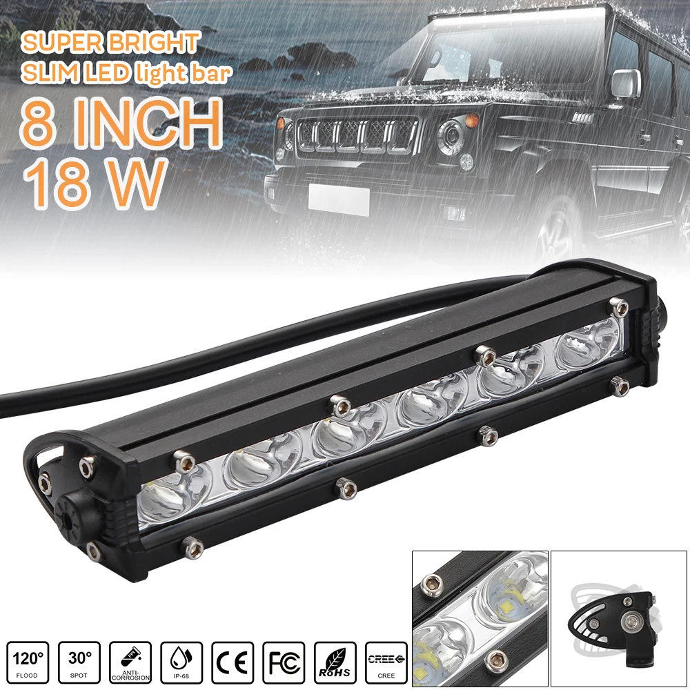 

8 Inch 18W Car LED Strip Light Bar Single Row Off Road Led Lights Auto Car Headlight Bulbs for Jeeps SUV Motorcycles Cars Auto