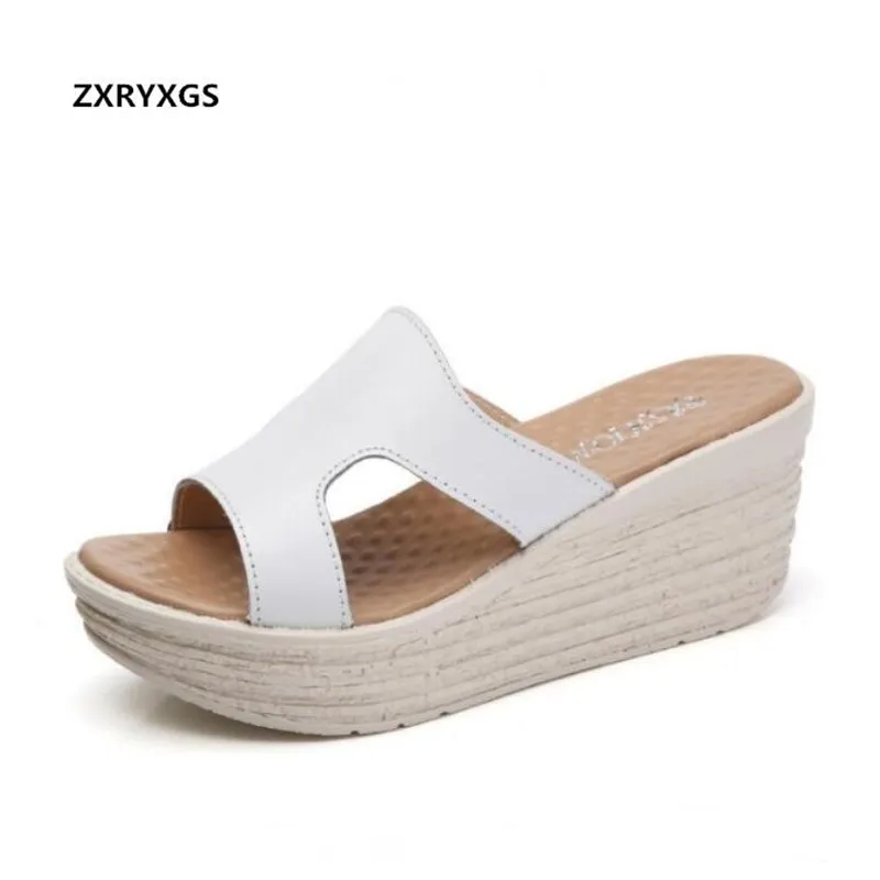 

Hot 2019 New Summer Fashion Cowhide Leather Shoes Women Sandals Platform Wedges Women Slipper Comfortable Non-slip Women Shoes