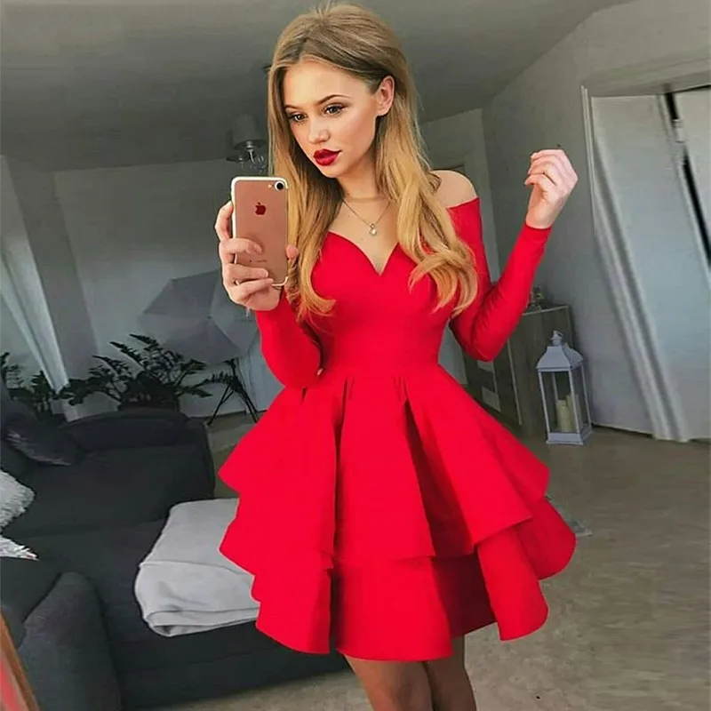 

Elegant Mini Short Party Dresses 2019 A Line Off the Shoulder V Neck Long Sleeves Elastic Satin Red Homecoming Dresses