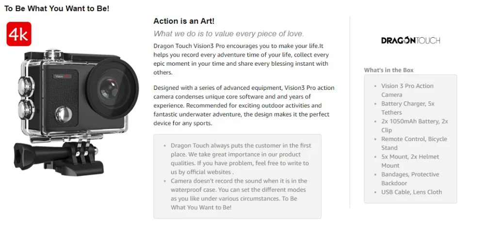 Dragon Touch Экшн-камера 4K 16MP Vision 3 Pro с сенсорным экраном wifi 100 футов водонепроницаемая камера 170 ° широкоугольная Спортивная камера