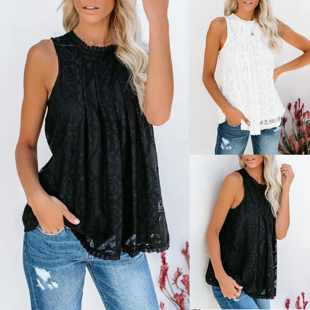 

Fashion Womens Summer Sleeveless Tops female Lace Flowy Loose Shirts Tank Tops Ladies casual lace top vest vetement sexy femme