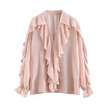

Women stylish chiffon pink blouse ruffled transparent V neck long sleeve female 2019 summer sweet wear top blusas