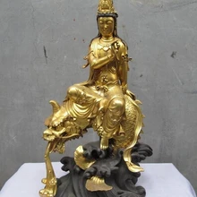 Xd 001480 Pure Bronze 24 К Золото Свинка Кван-инь Бодхисаттва ездить на Dragon Fish Будды