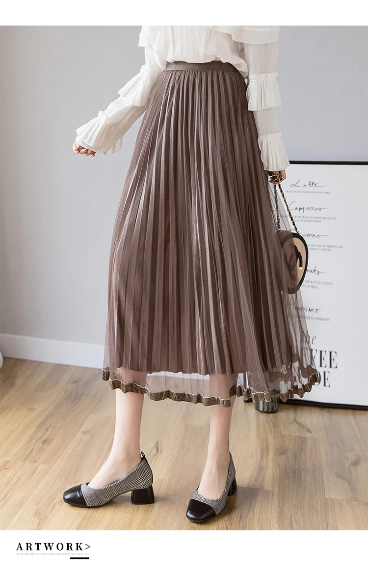 Юбки женские модные женские юбки весна и осень сетки шить плиссированная юбка Высокая талия эластичные юбка женские 1932 50