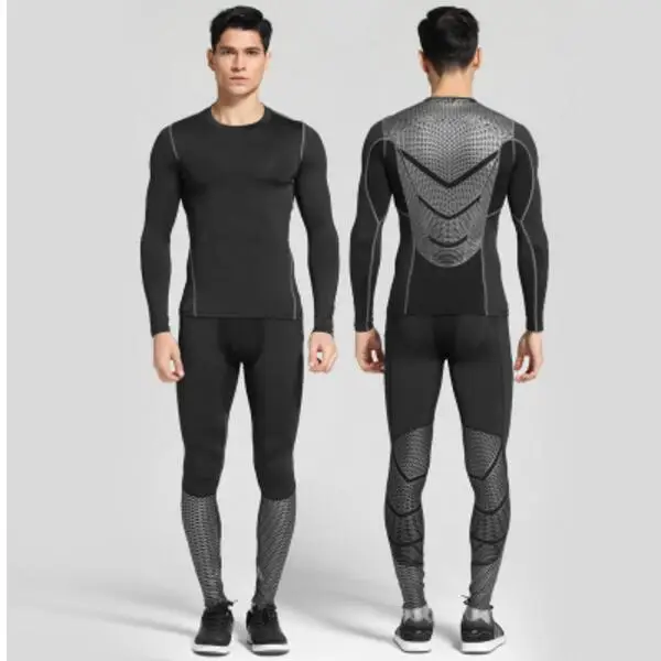 Men Compression MMA Rashguard Fitness Long Sleeves Shirts Base Layer Skin Tight Weight Lifting T Shirts Pants Set - Цвет: 1 Set