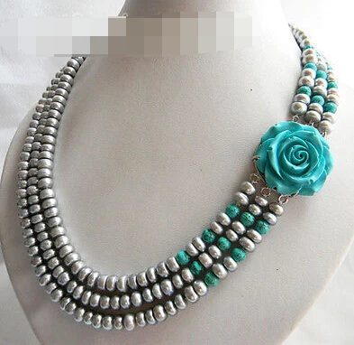 

0811 3Strands 18'' Gray Slice Freshwater Pearl Round Turquoise Necklace