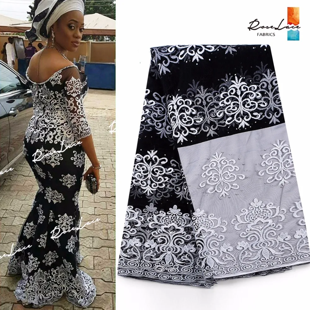 

White Embroidered Guipure Mesh Lace Fbaric With Stones 2017 Latest African French Black Net Lace Nigeria Tulle Mesh Dress Fabric