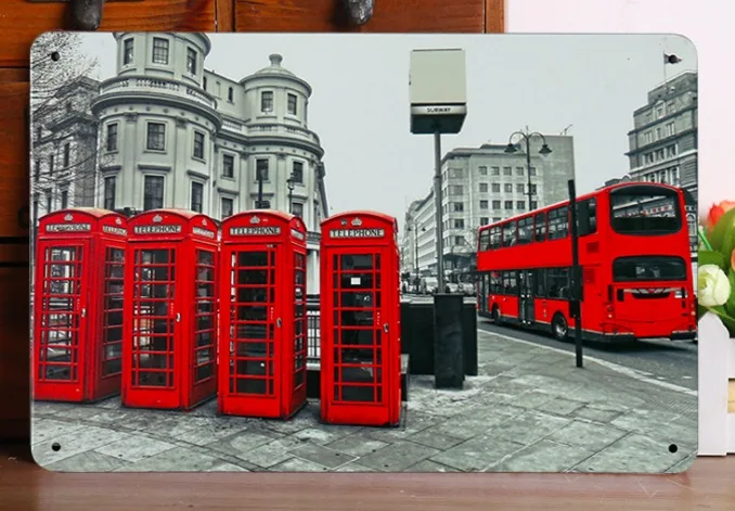 1 pc UK London Britain Phone booth red Tin Plates Signs wall Room man cave Decoration bar Art retro shabby vintage Poster metal | Дом и сад