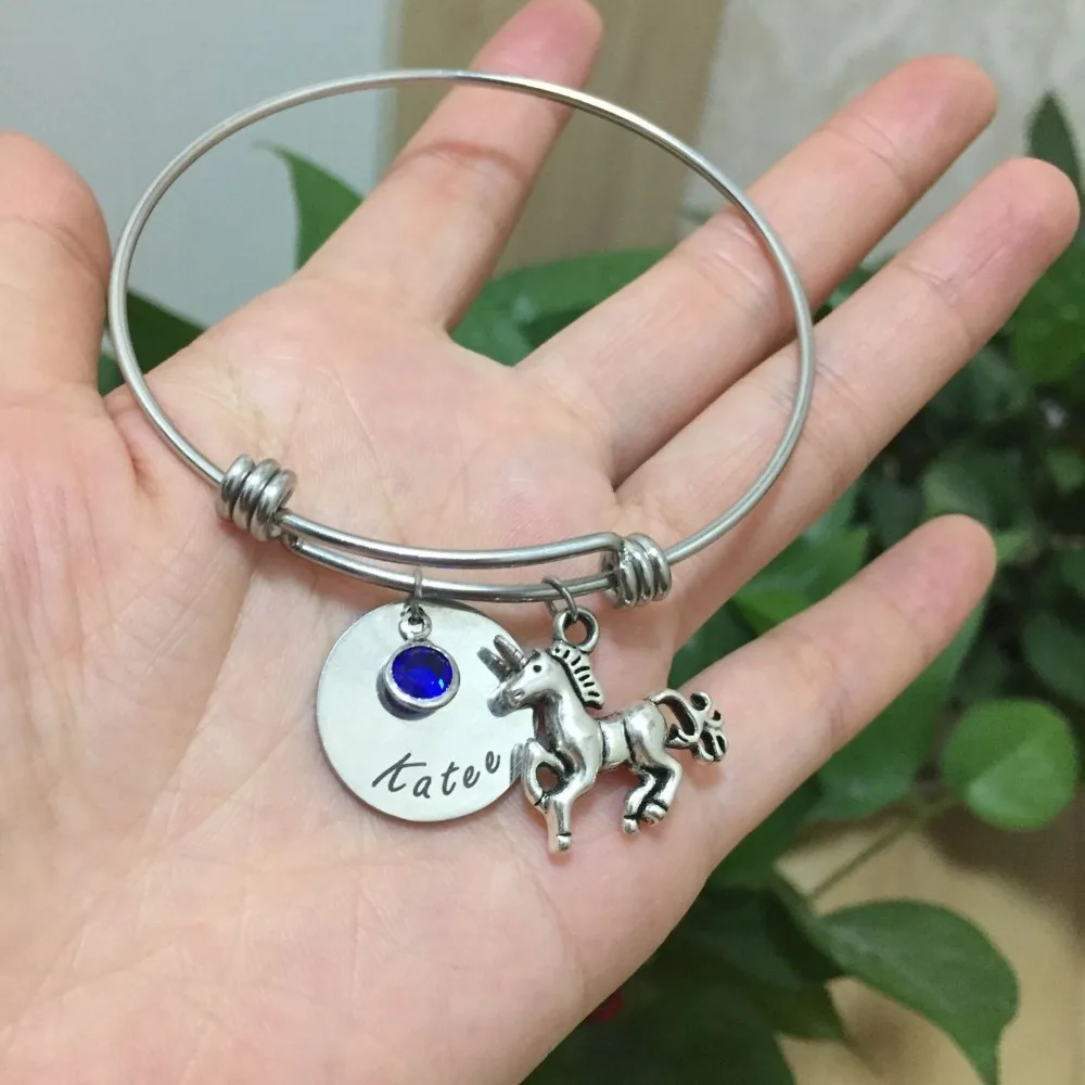 

Unicorn Bangle Magical Licorne Women Bracelet Jewelry Engraved Name Bangle adjustable Drop Shipping YP0071