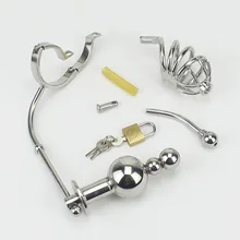 2016 NEW Male Siamese Anal plug Chastity Cage Device Stainless Steel Adjustable Butt beads Adult Sex Toys For Men Chastity Belt