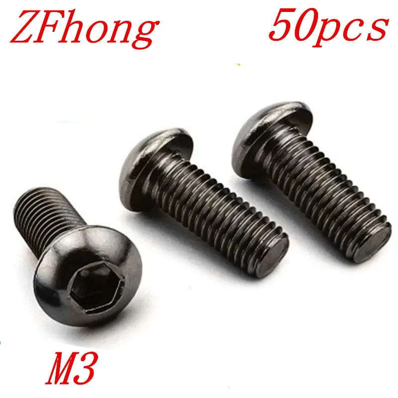 50Pcs M3 Alloy Steel Screws Hex Socket Round Button Head Cap Black