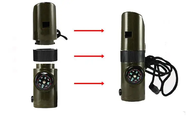 DHL 500 шт. 7 в 1 Многофункциональный армейский набор для выживания увеличительное Стекло свисток с компасом и термометром светодиодный свет SN1091